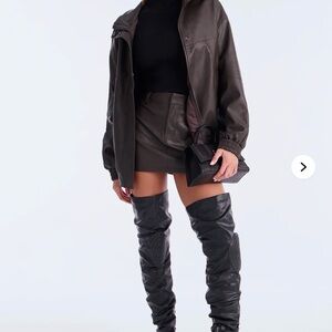 Stylish Dark Brown Leather Jacket and Skirt Set